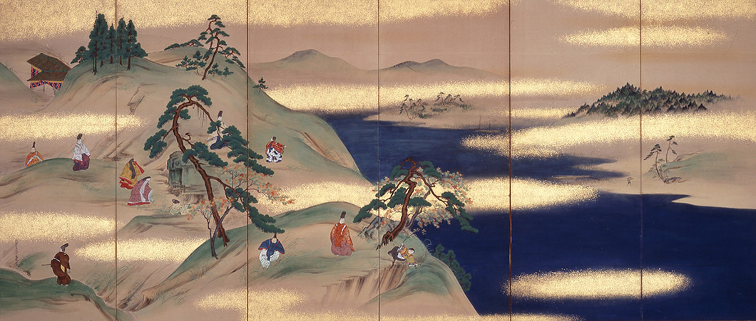 春秋鷹狩茸狩図屏風（左隻）　岡田為恭筆